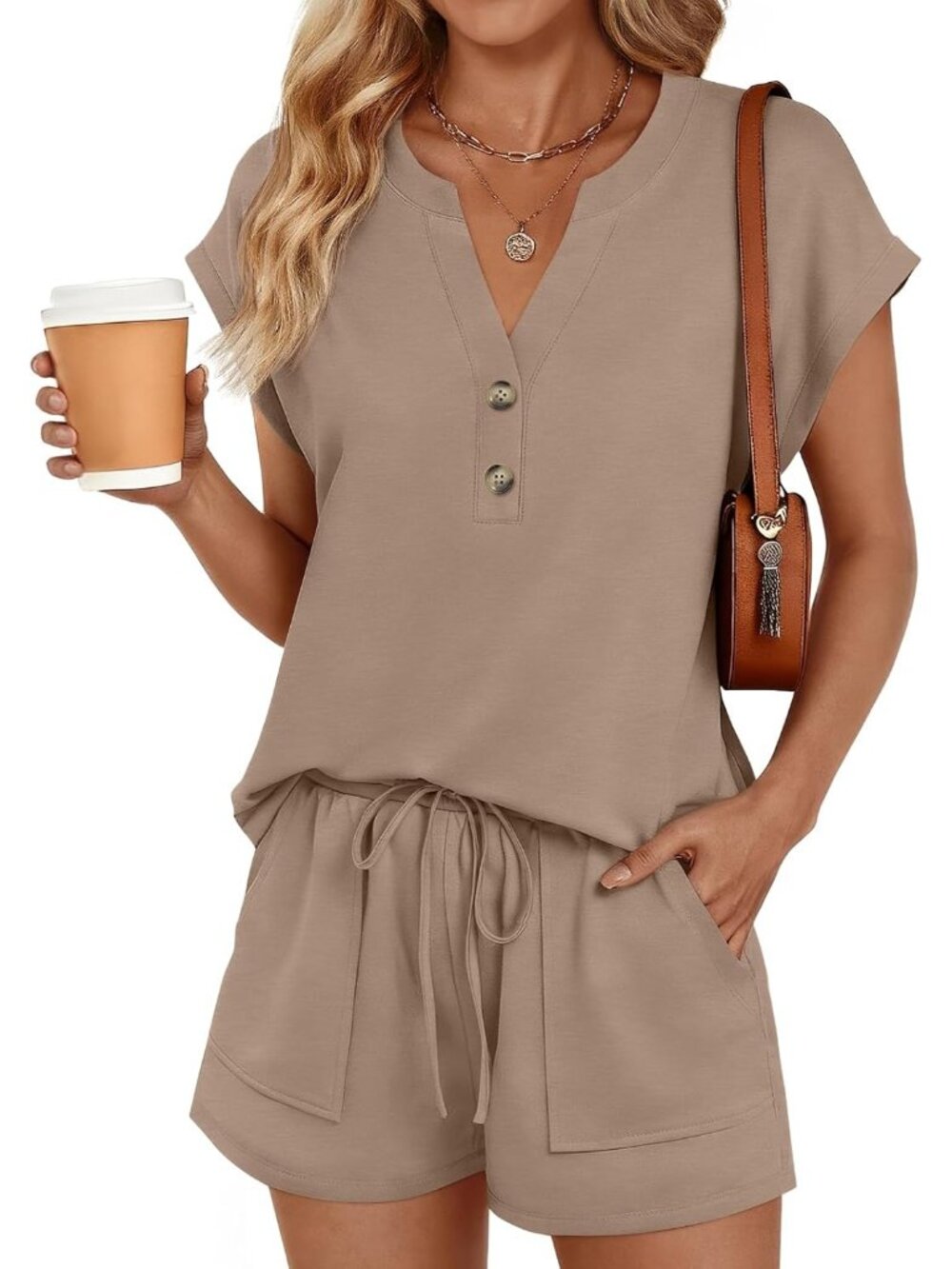 〽️Women's Outfit Set Dark Khaki Casual Summer Beach Two Piece Matching Sweatsuit